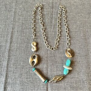 Modernist American Indian Faux Silver and Turquoise Necklace